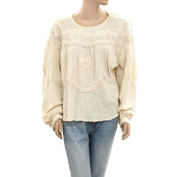 Free People Maisey Knit Blouse Top Floral Lace Embroidered Billowy S NWD 277115 - Picture 5 of 9